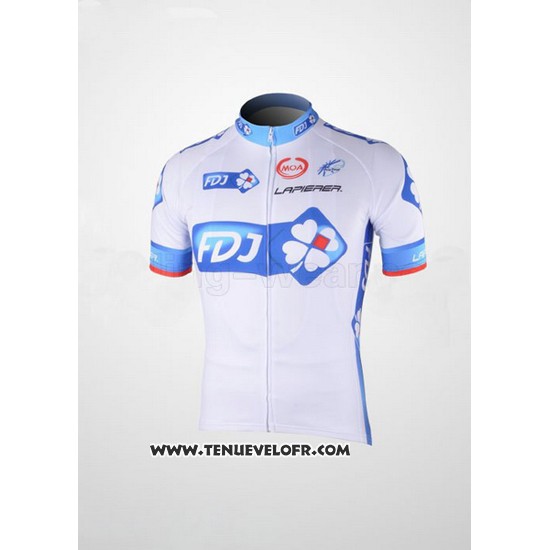 2010 Maillot Ciclismo FDJ Blanc et Bleu Clair Manches Courtes et Cuissard